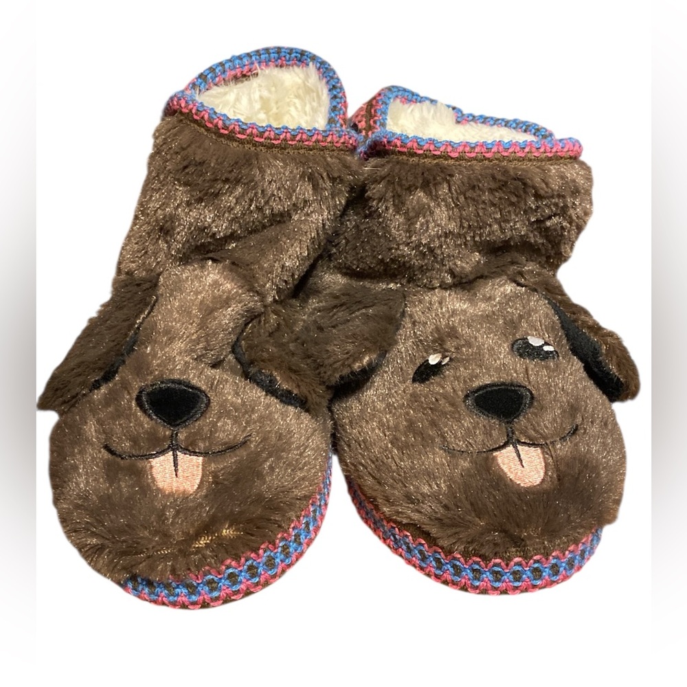 Muk Luks Brown Slippers with Blue and Pink Trim